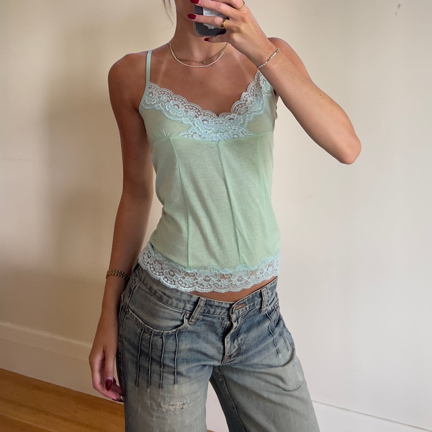 green lace trim cami