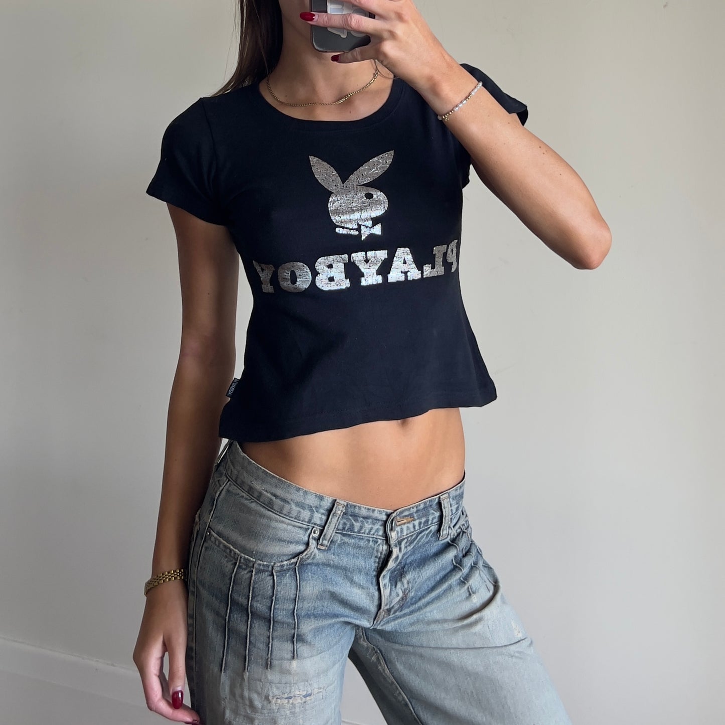 black/silver Playboy baby tee
