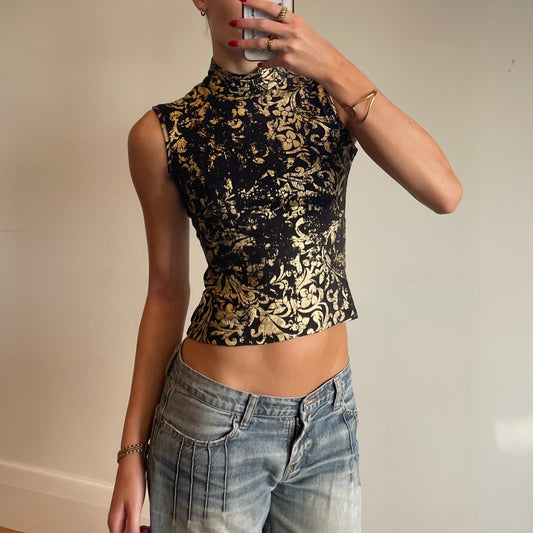 90s gold printed high-neck tank top