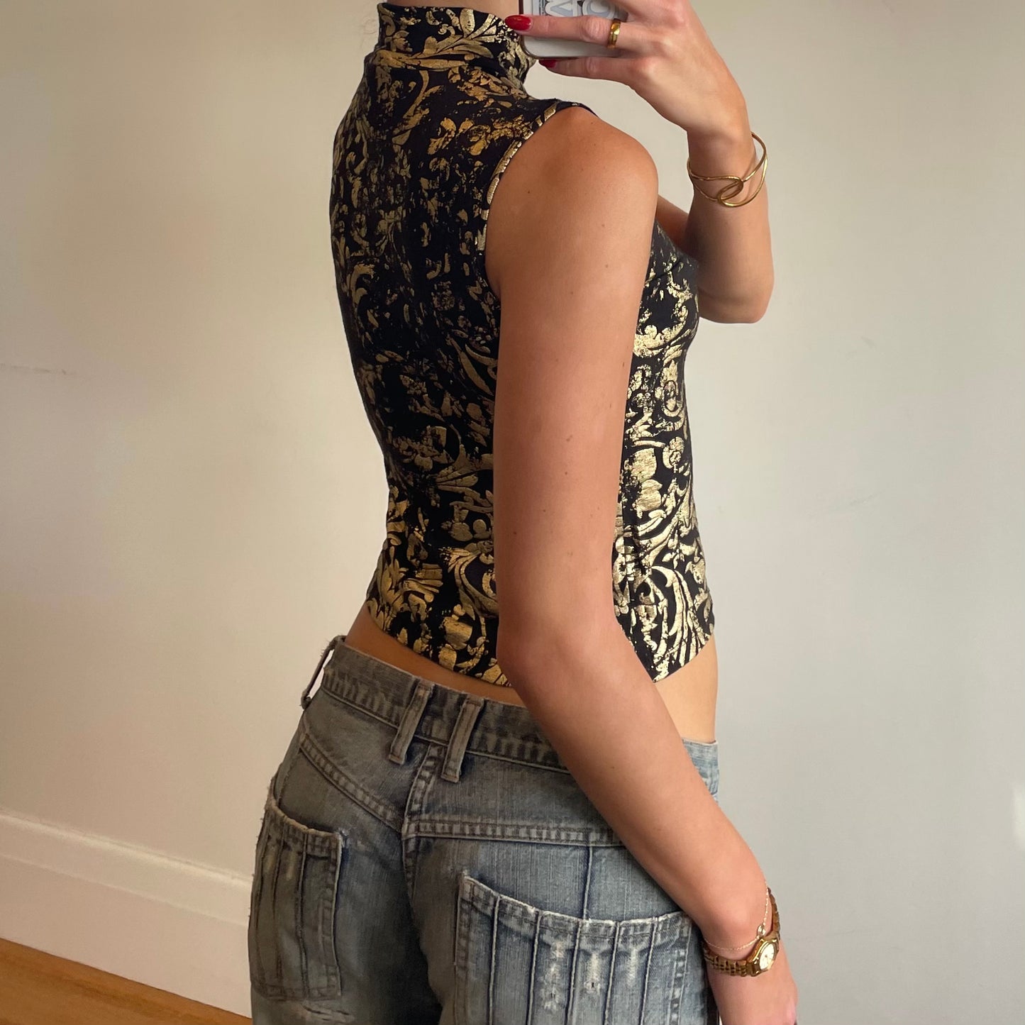 90s gold printed high-neck tank top