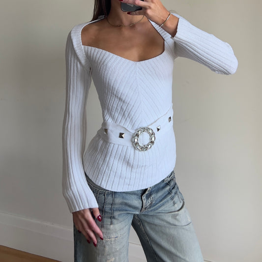 white ribbed knit long sleeve