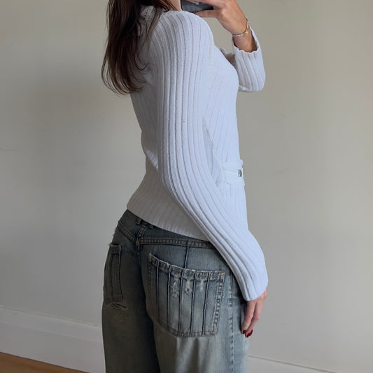 white ribbed knit long sleeve