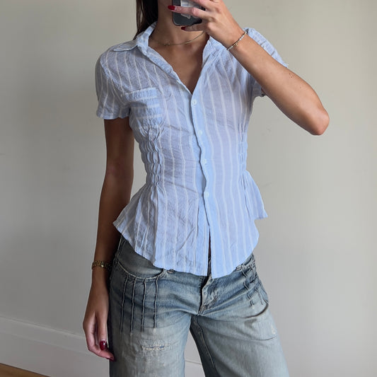 blue ruched reworked shirt