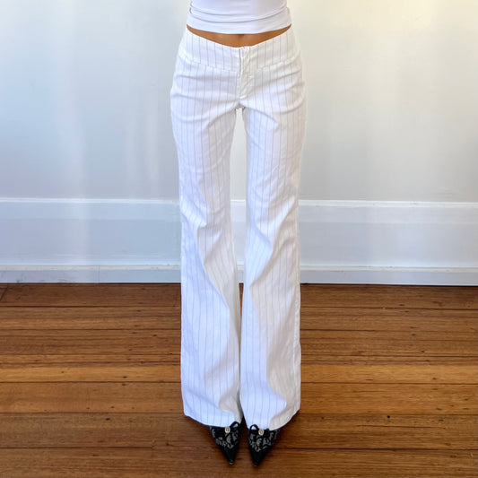 white pinstripe trousers