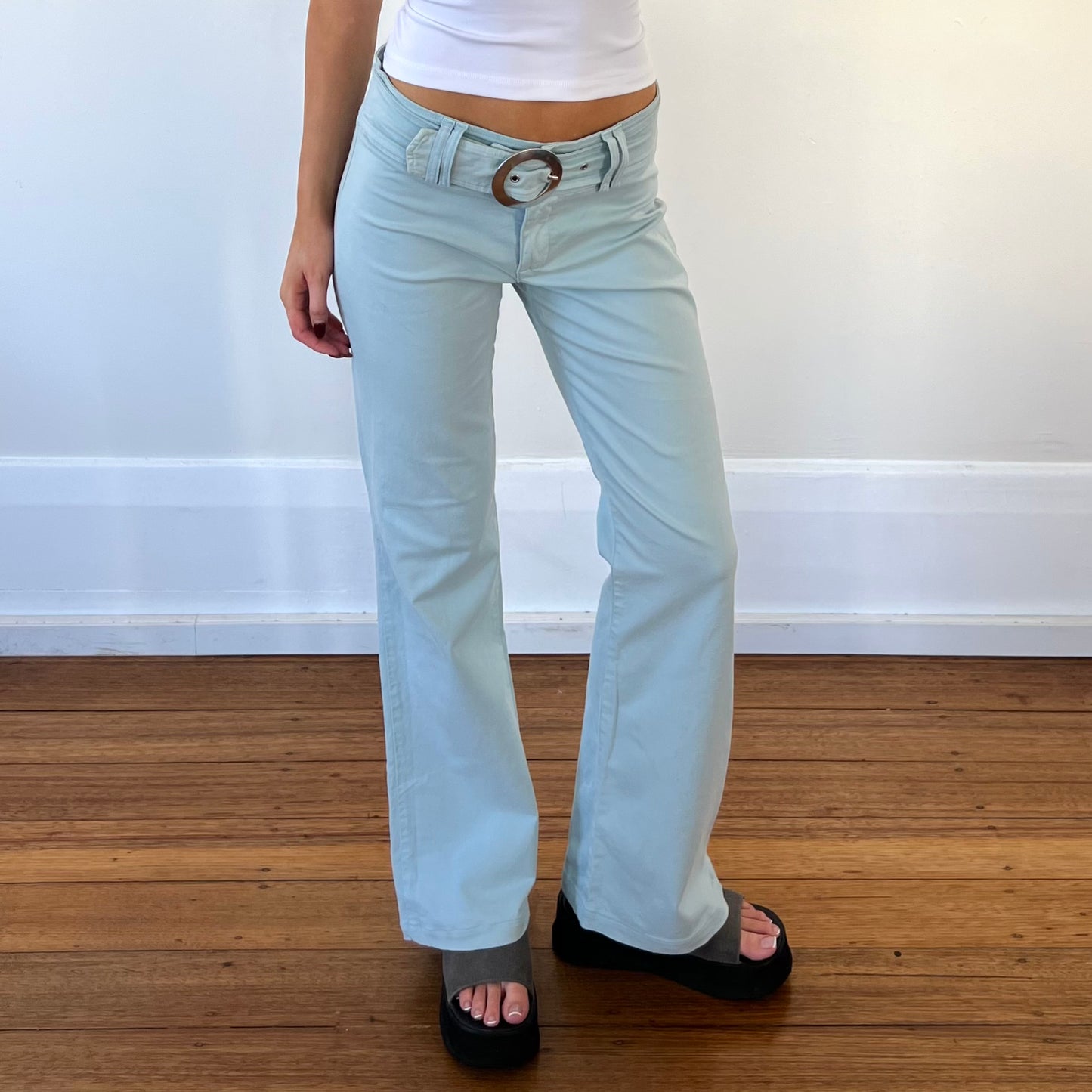 blue buckle pants