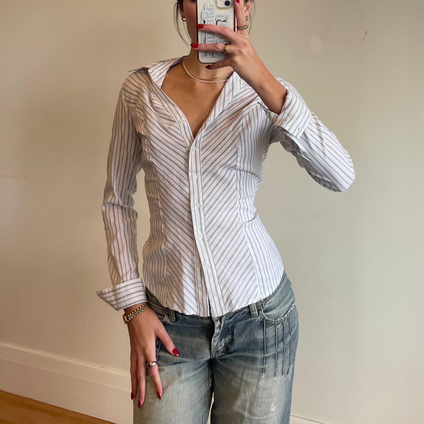 pinstripe button-up shirt