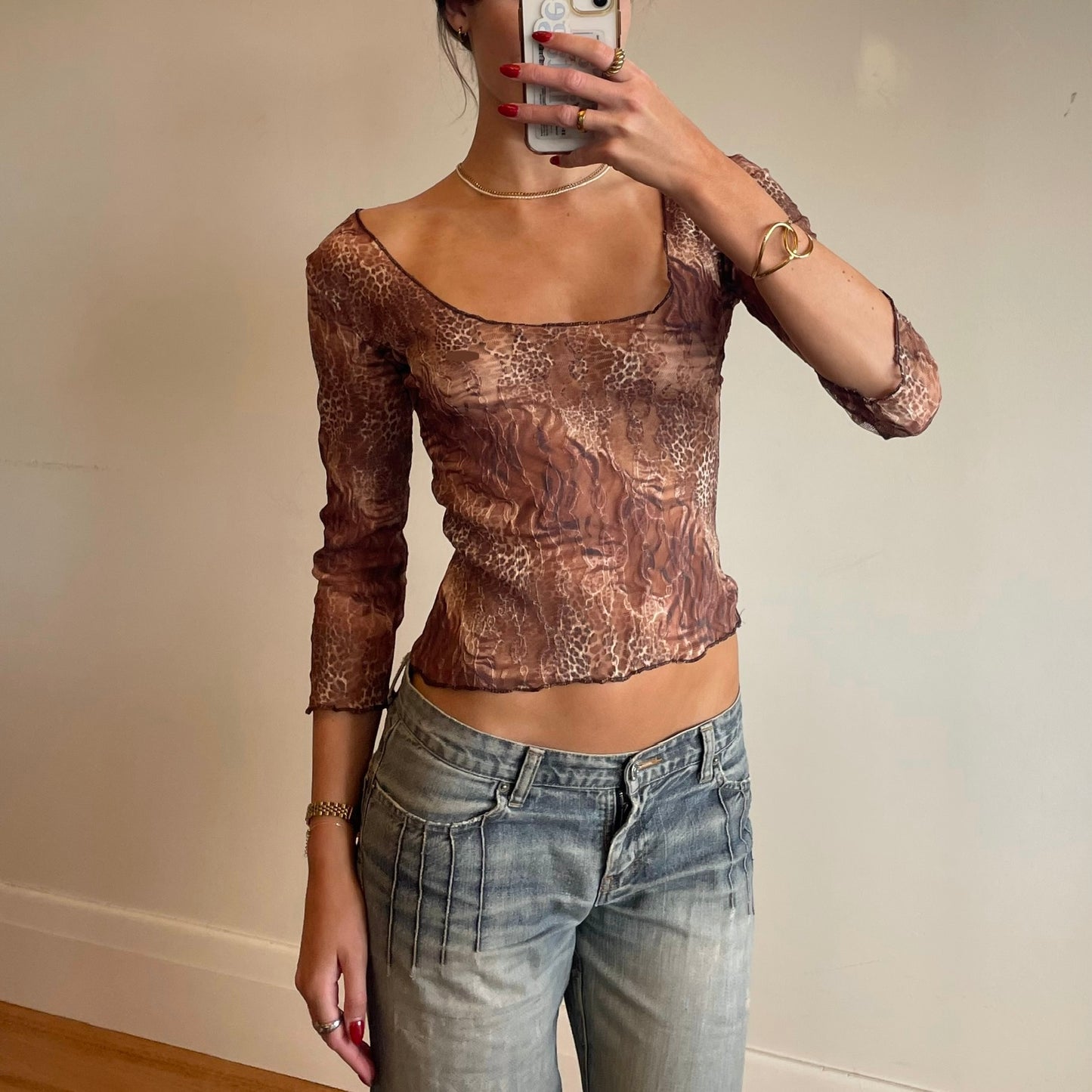 90s animal print sheer top