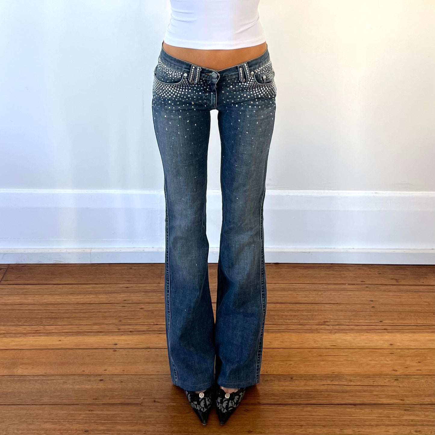 rhinestone low rise flared jeans