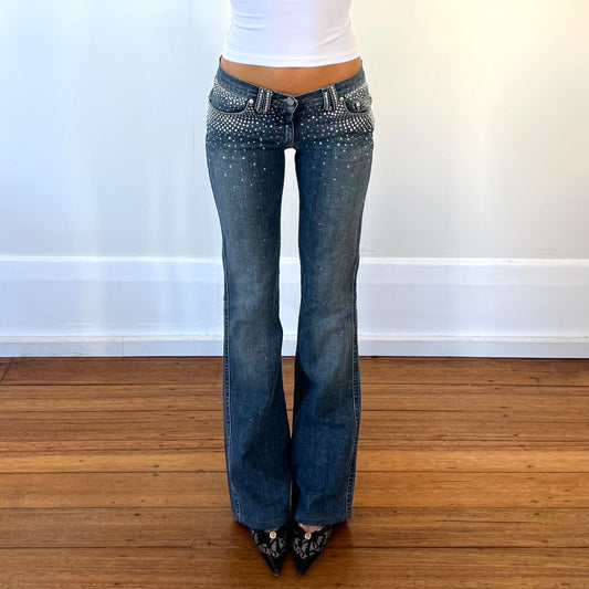 rhinestone low rise flared jeans