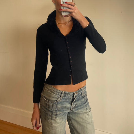 black cardigan w/ fluffy neck line