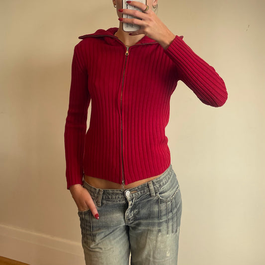 90s red zip-up knit jumper