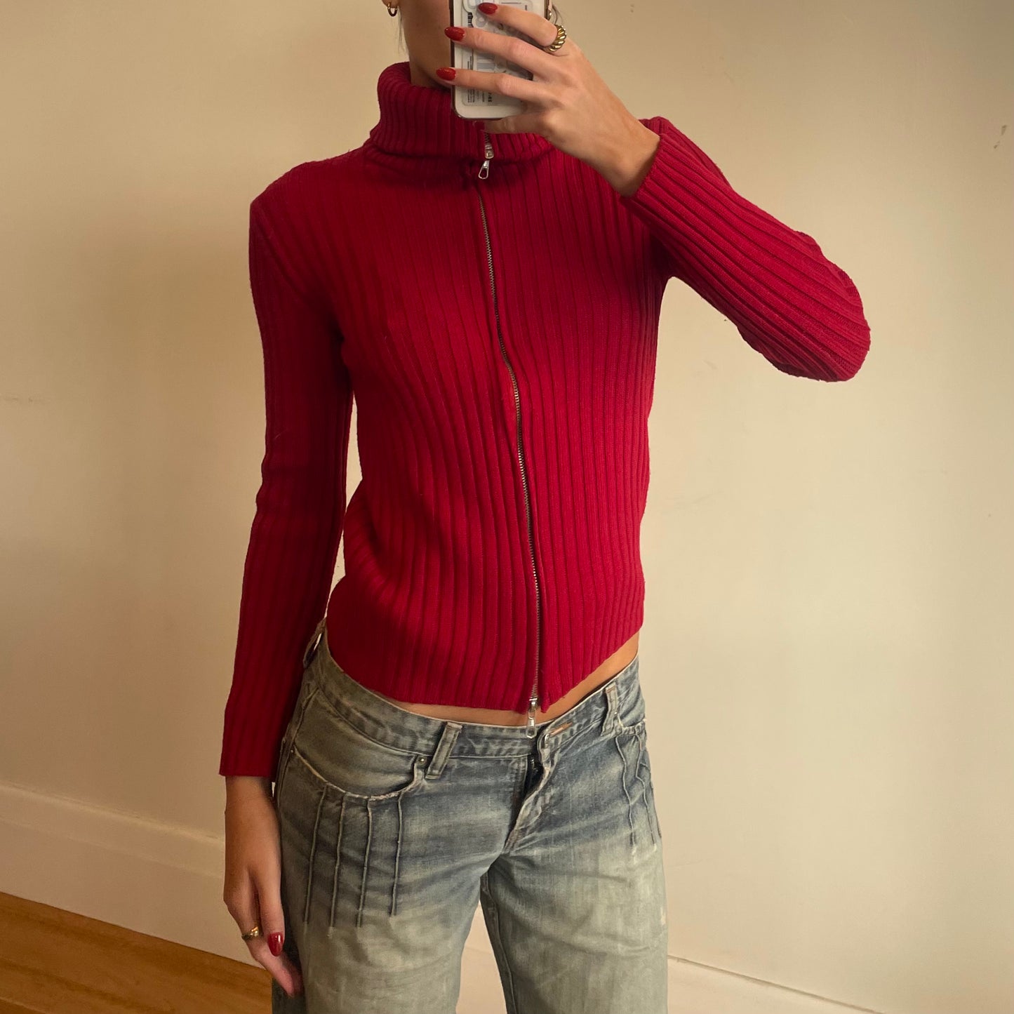 90s red zip-up knit jumper