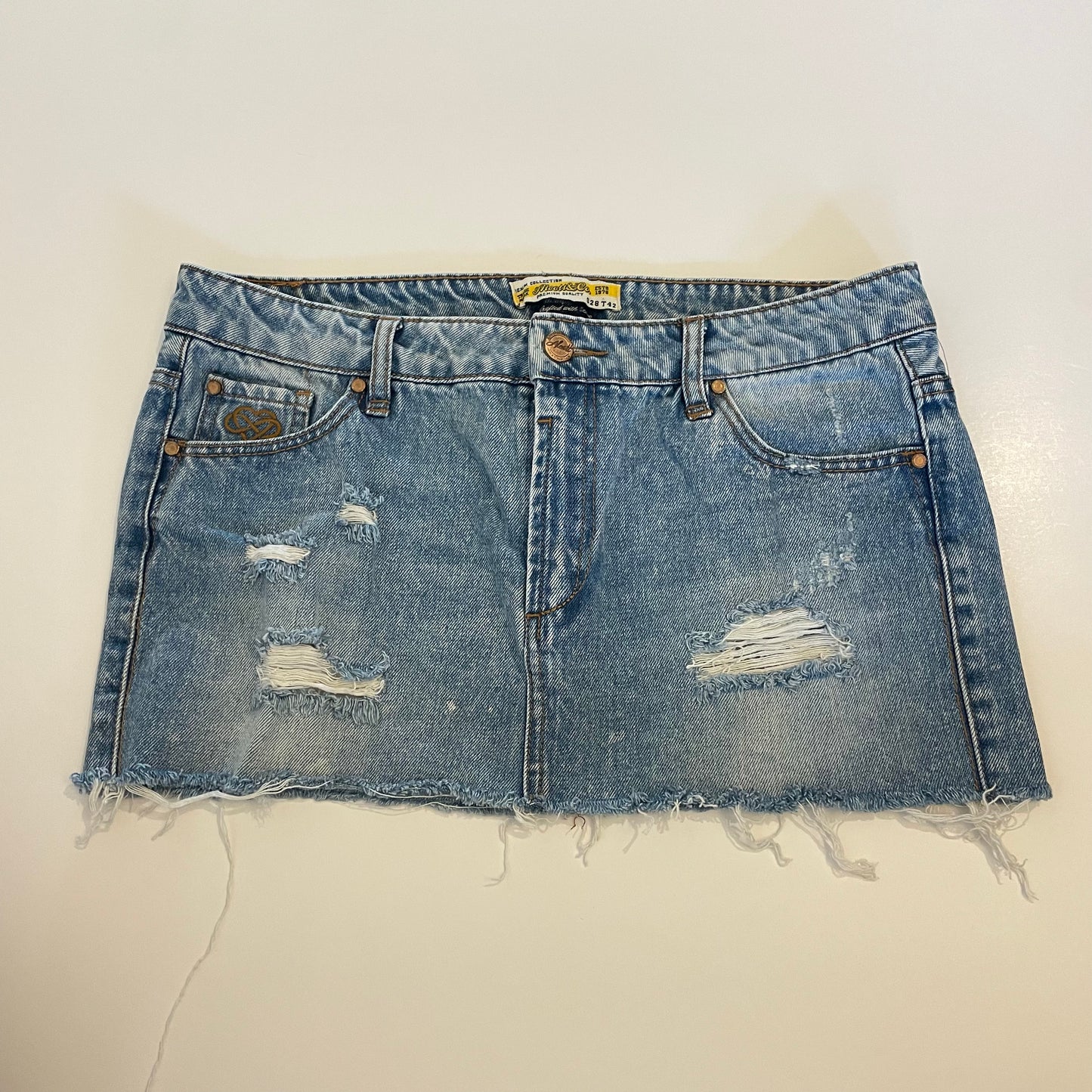 low rise denim mini skirt