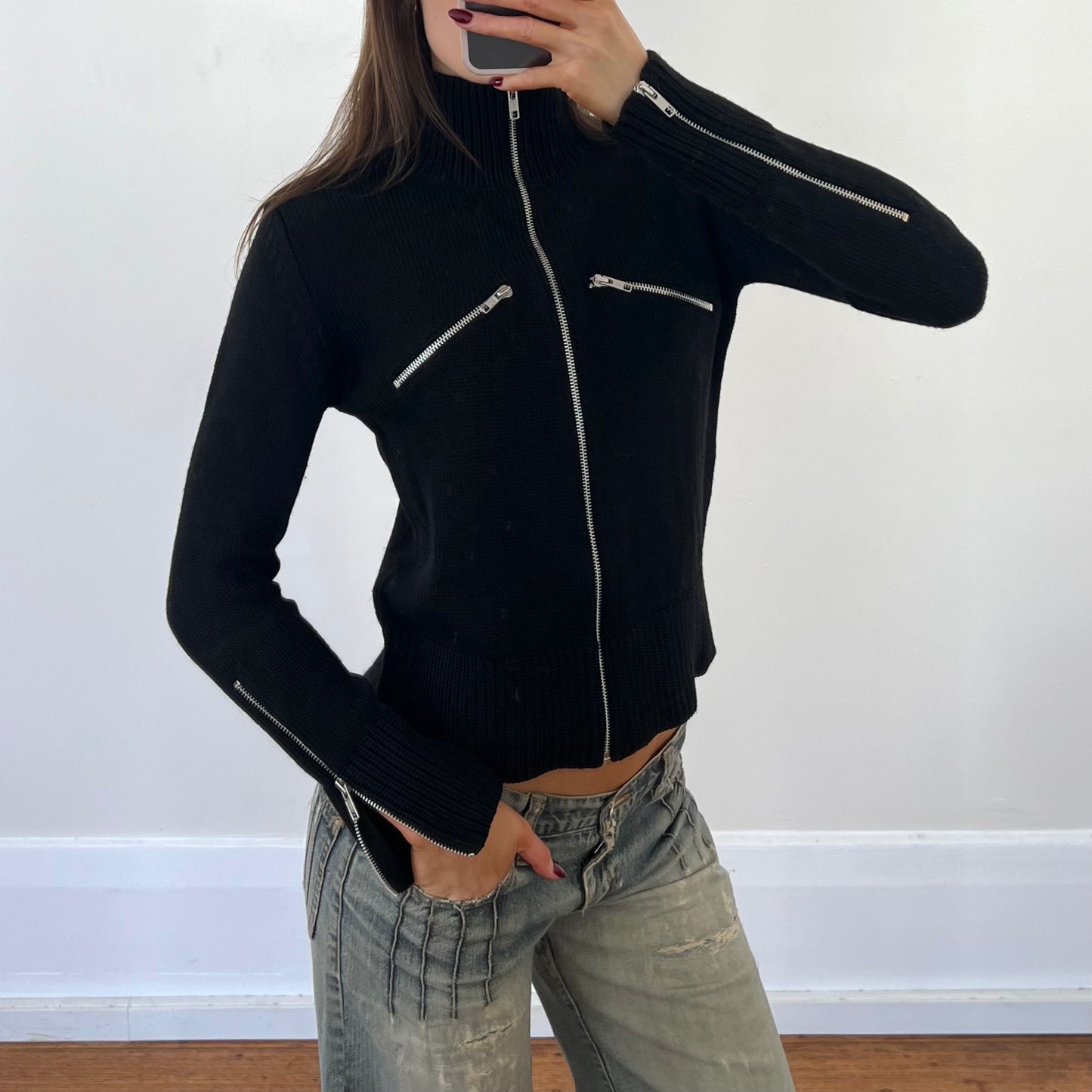 black wool zip-up knit