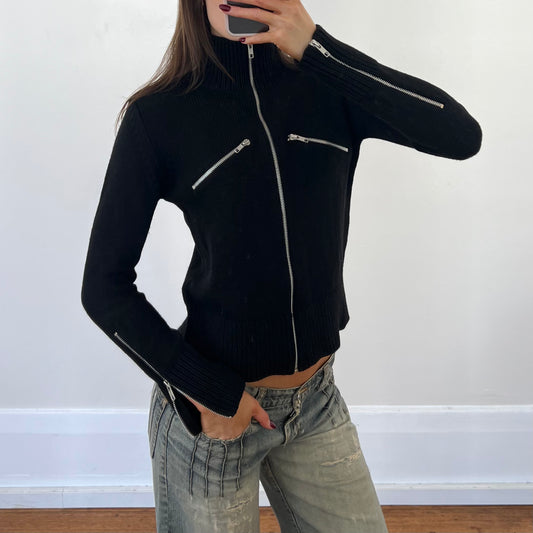 black wool zip-up knit