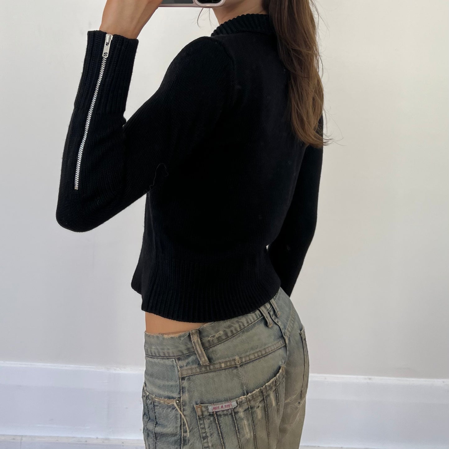 black wool zip-up knit