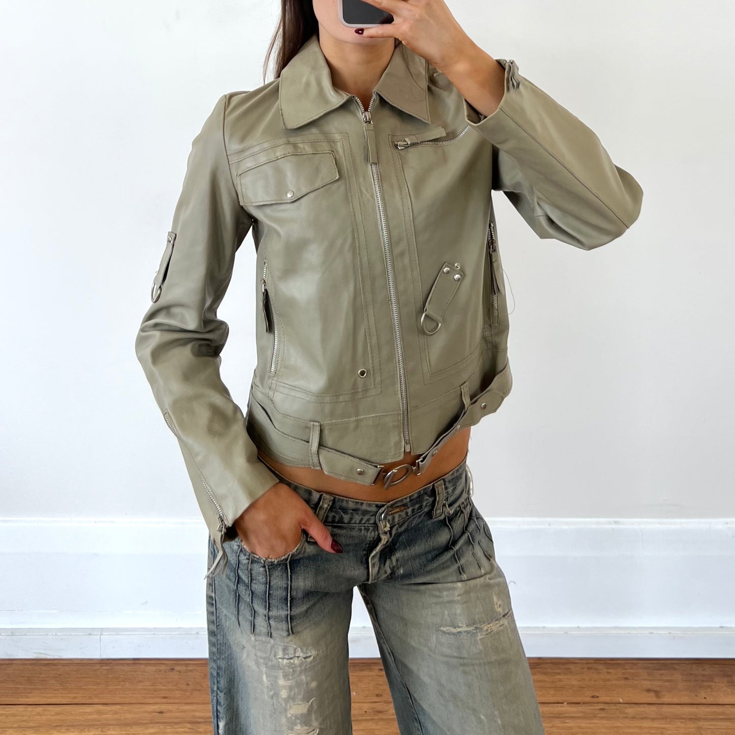 sage grey utility leather jacket