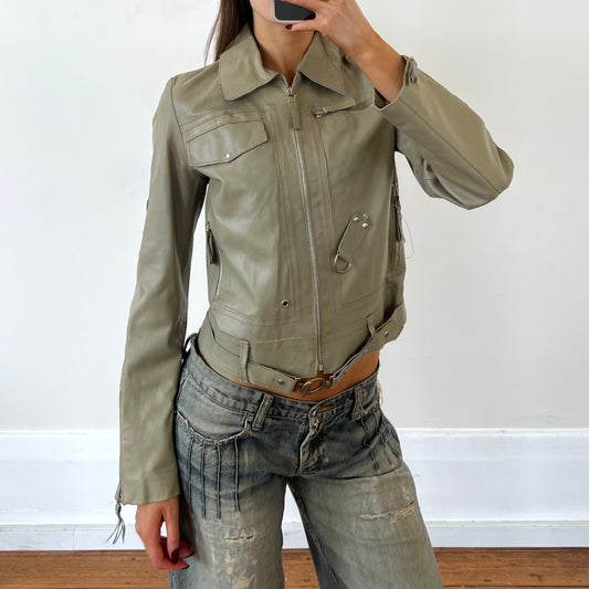 sage grey utility leather jacket