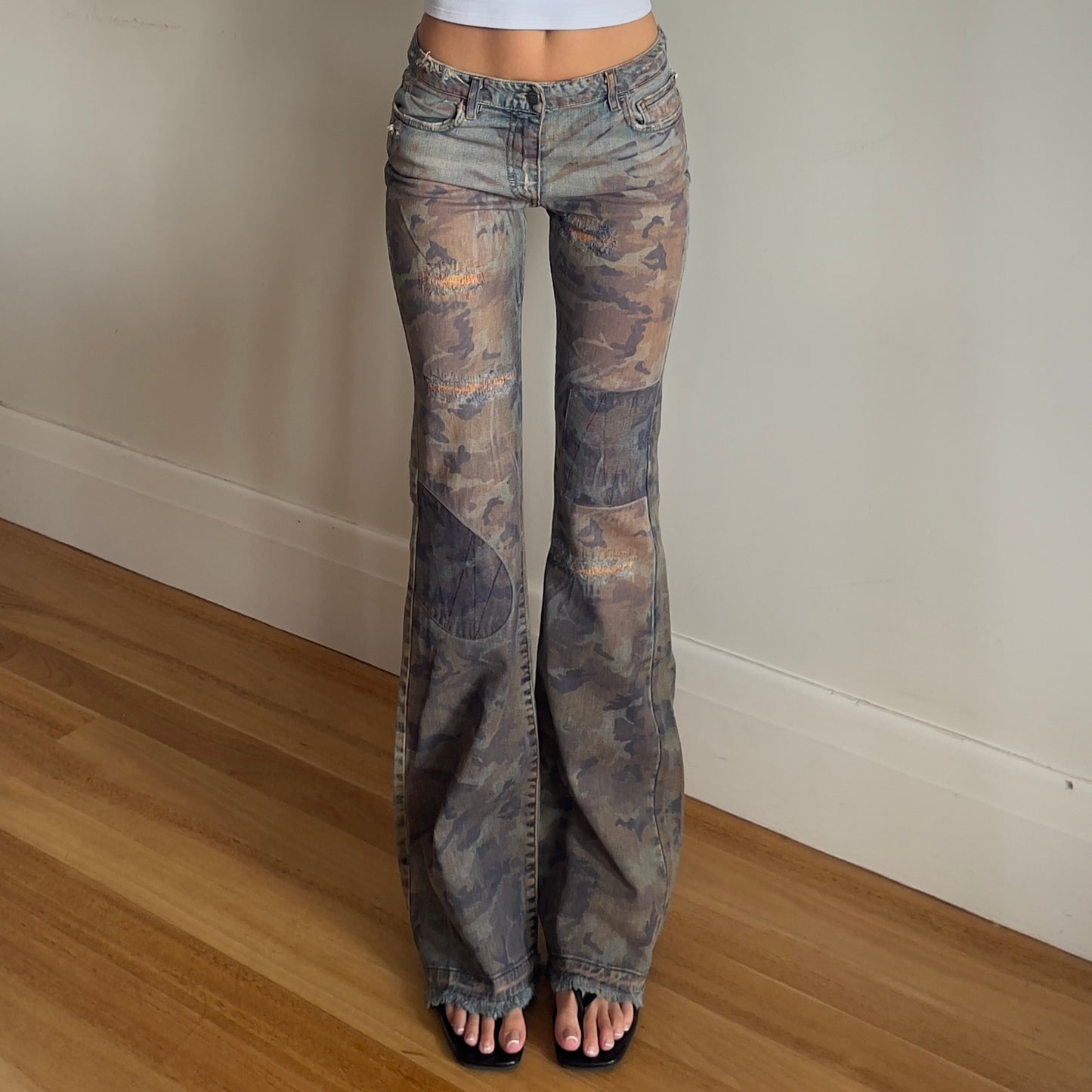 camo print denim flared jeans
