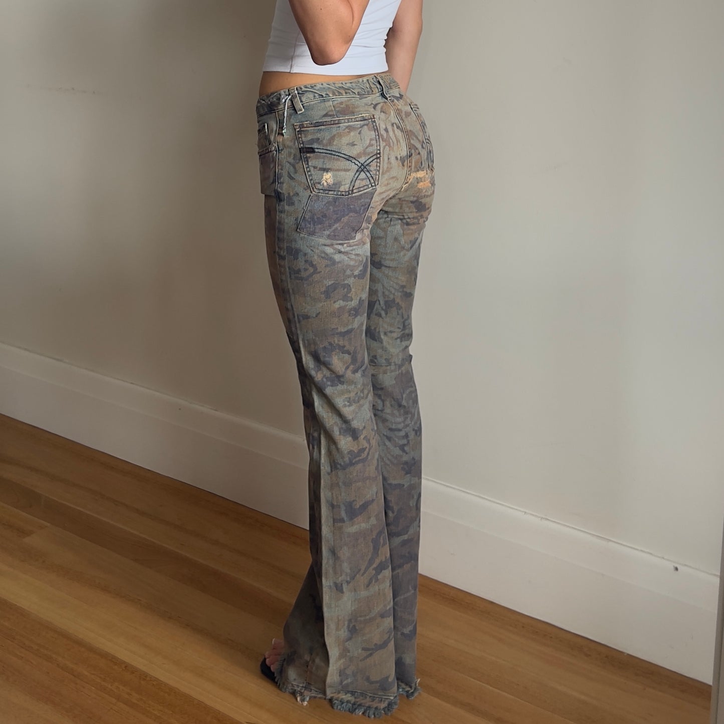 camo print denim flared jeans