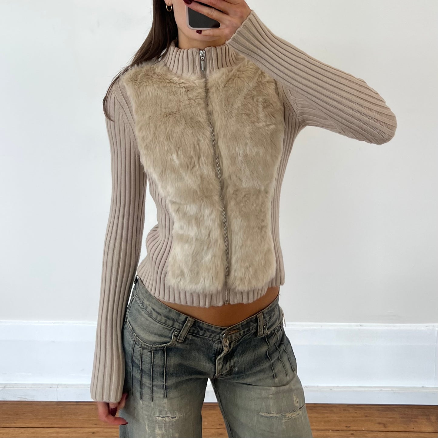 beige fur zip-up knit