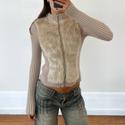 beige fur zip-up knit