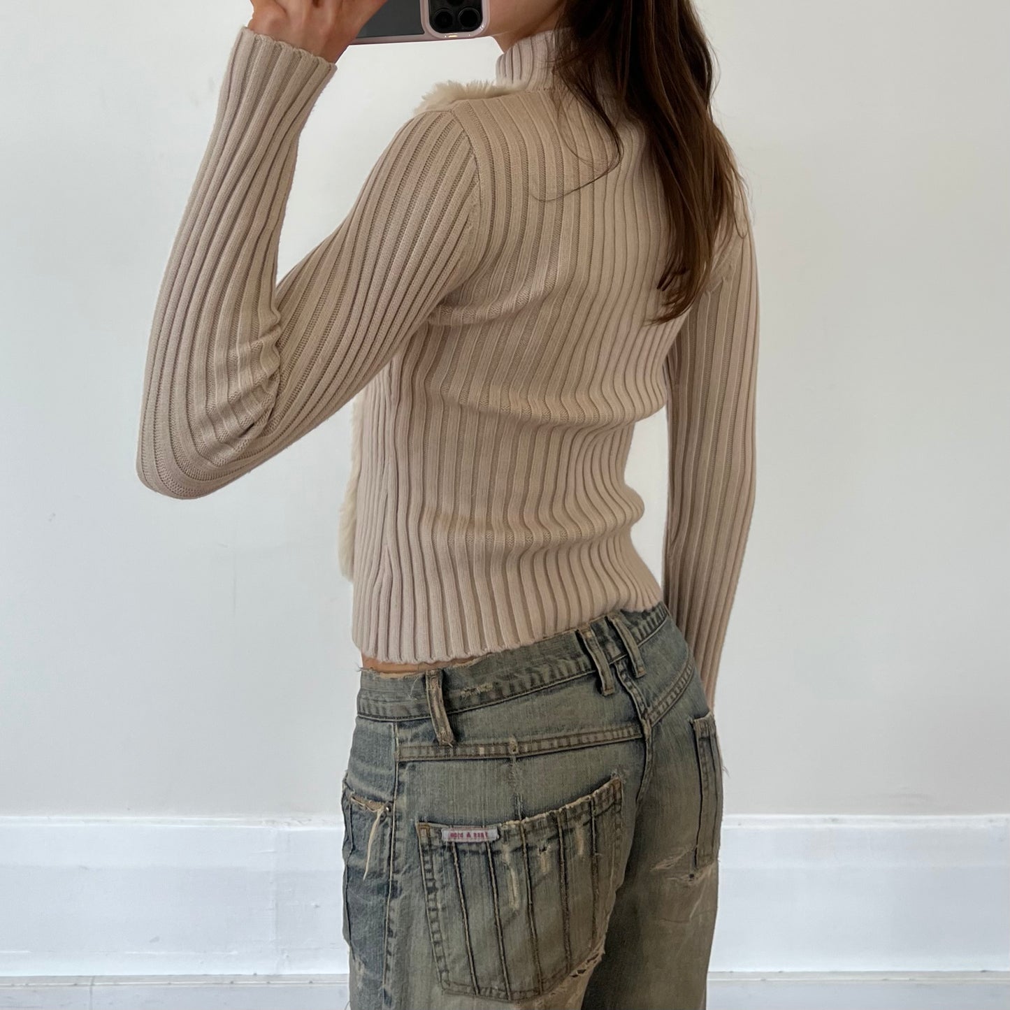 beige fur zip-up knit