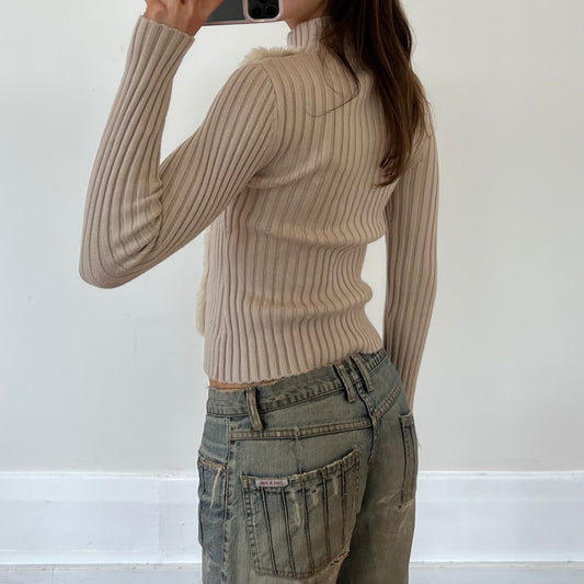 beige fur zip-up knit