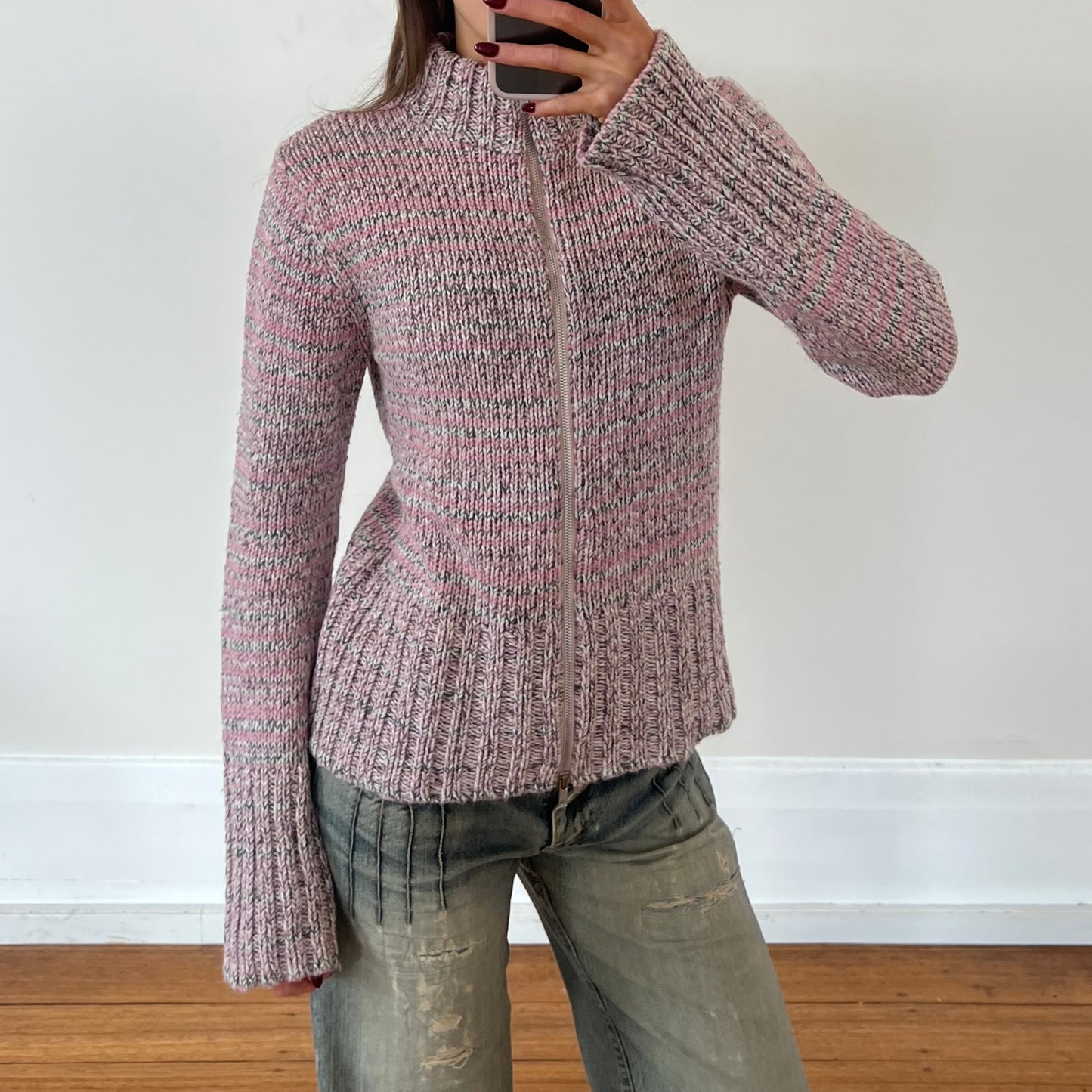 multi-coloured zip-up wool knit