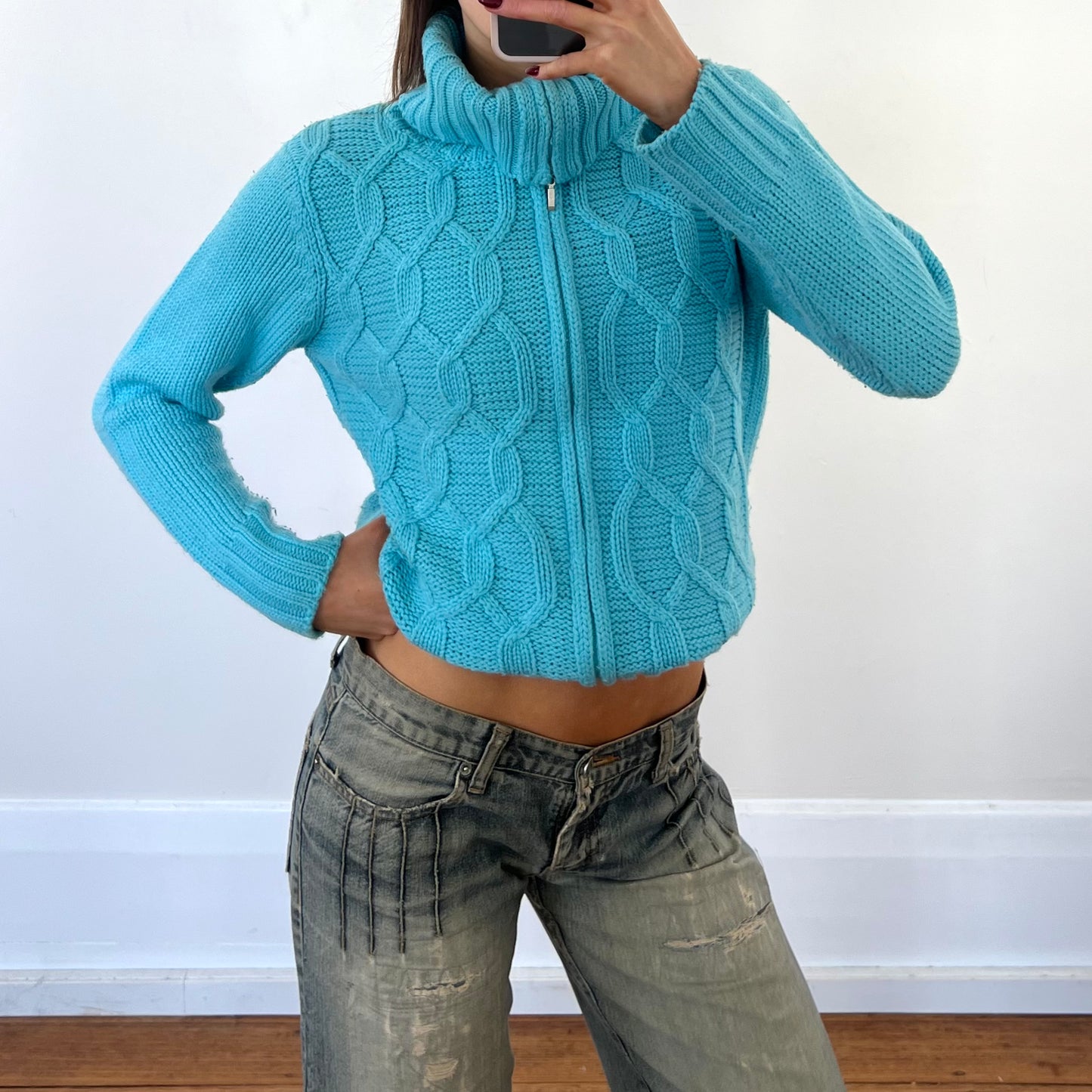 blue wool zip up knit