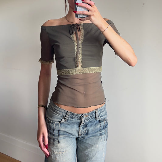 mesh/lace off-shoulder top