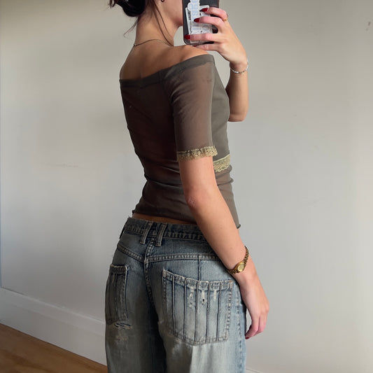 mesh/lace off-shoulder top