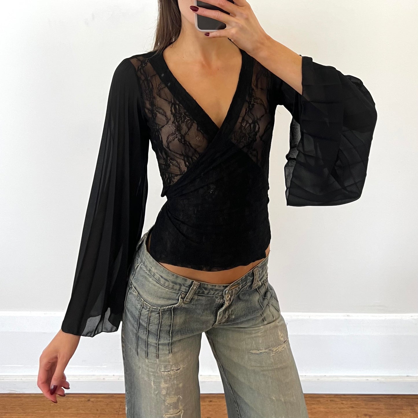 black sheer lace wrap top