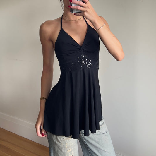 black frilly halter top/mini dress
