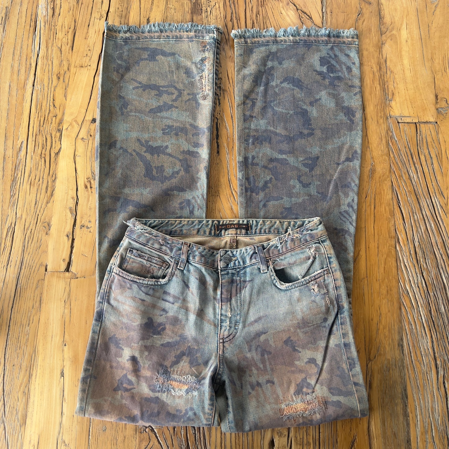 camo print denim flared jeans