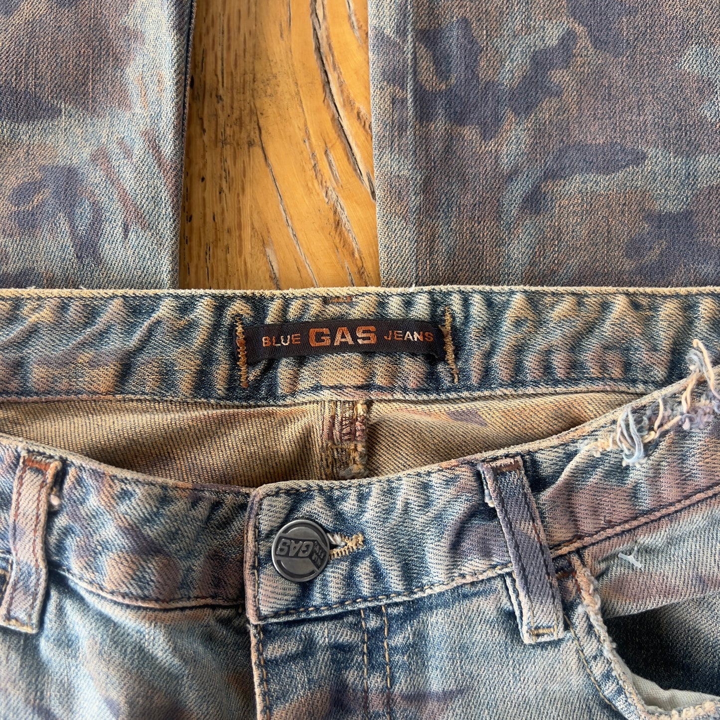 camo print denim flared jeans