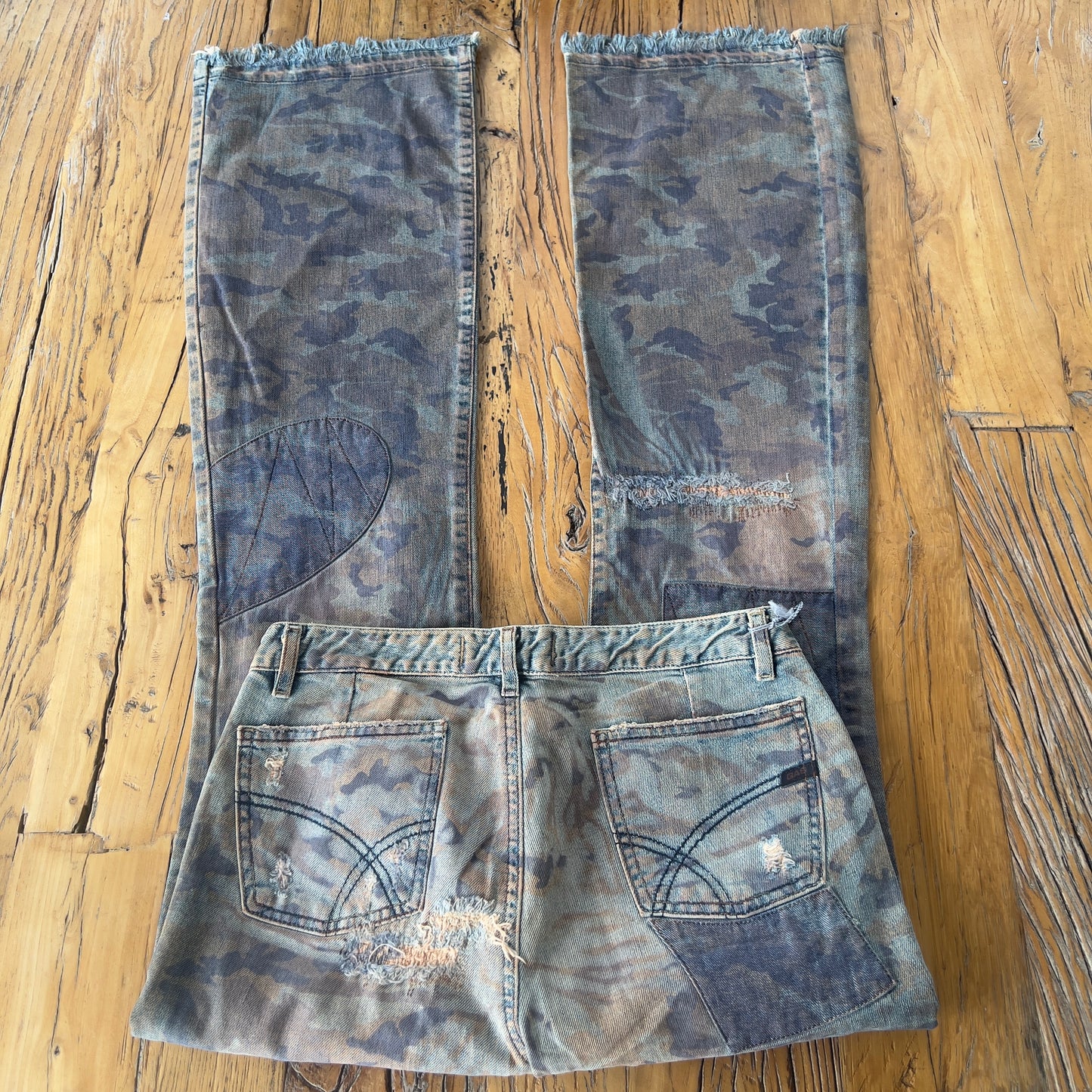 camo print denim flared jeans