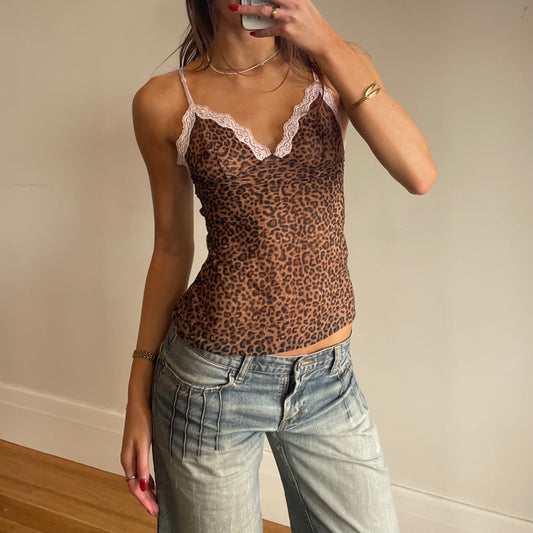 leopard print cami w/ pink lace trim