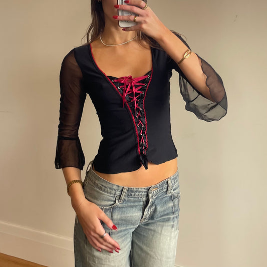 vintage lace up 3/4 sleeve top