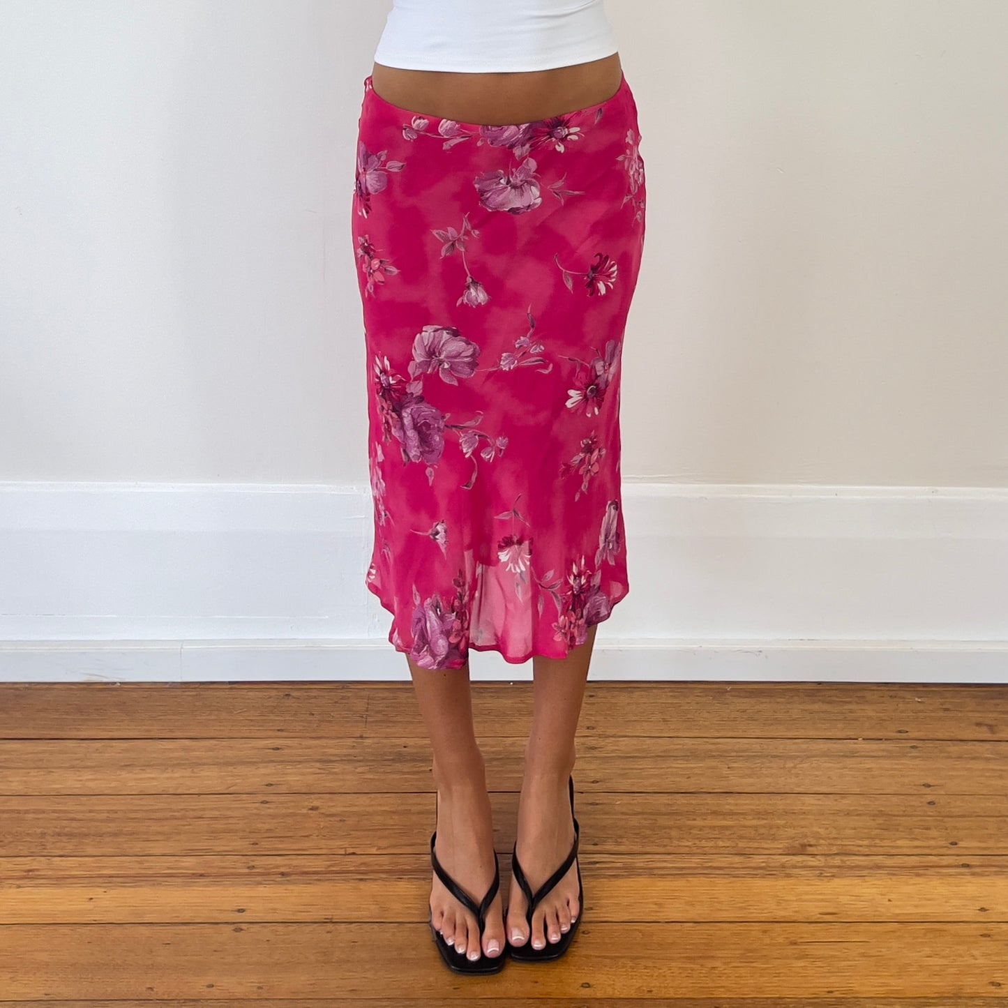 pink floral midi skirt