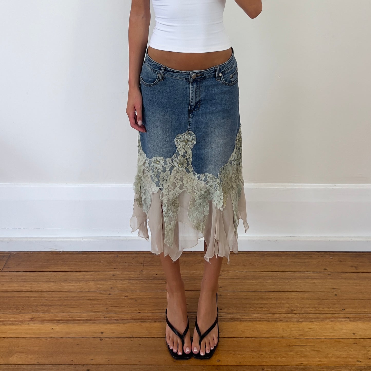 denim lace midi skirt