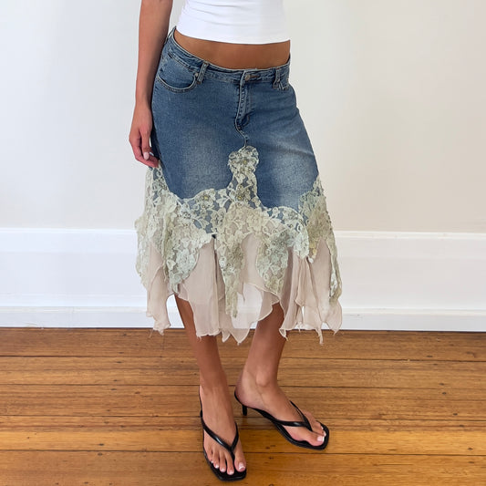 denim lace midi skirt