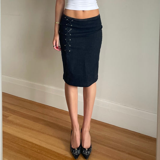 90s lace up denim midi skirt