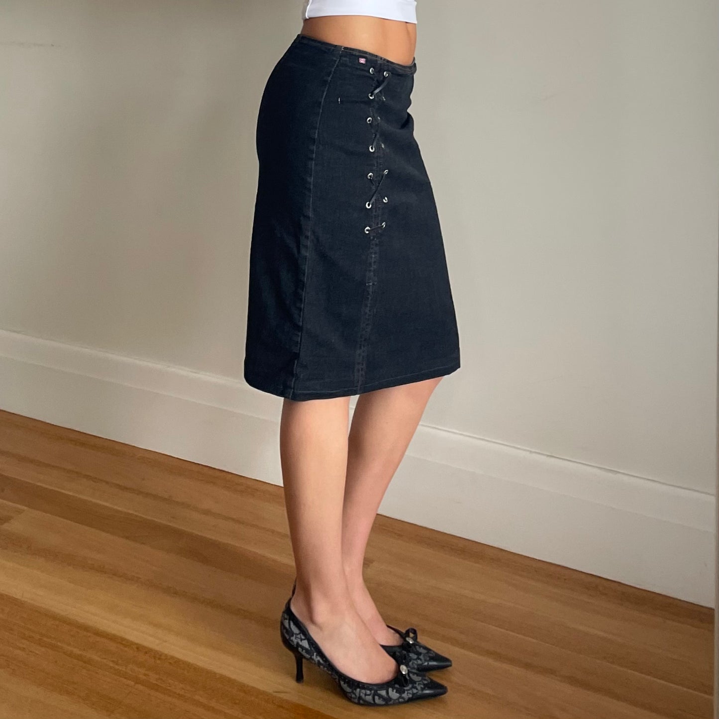 90s lace up denim midi skirt