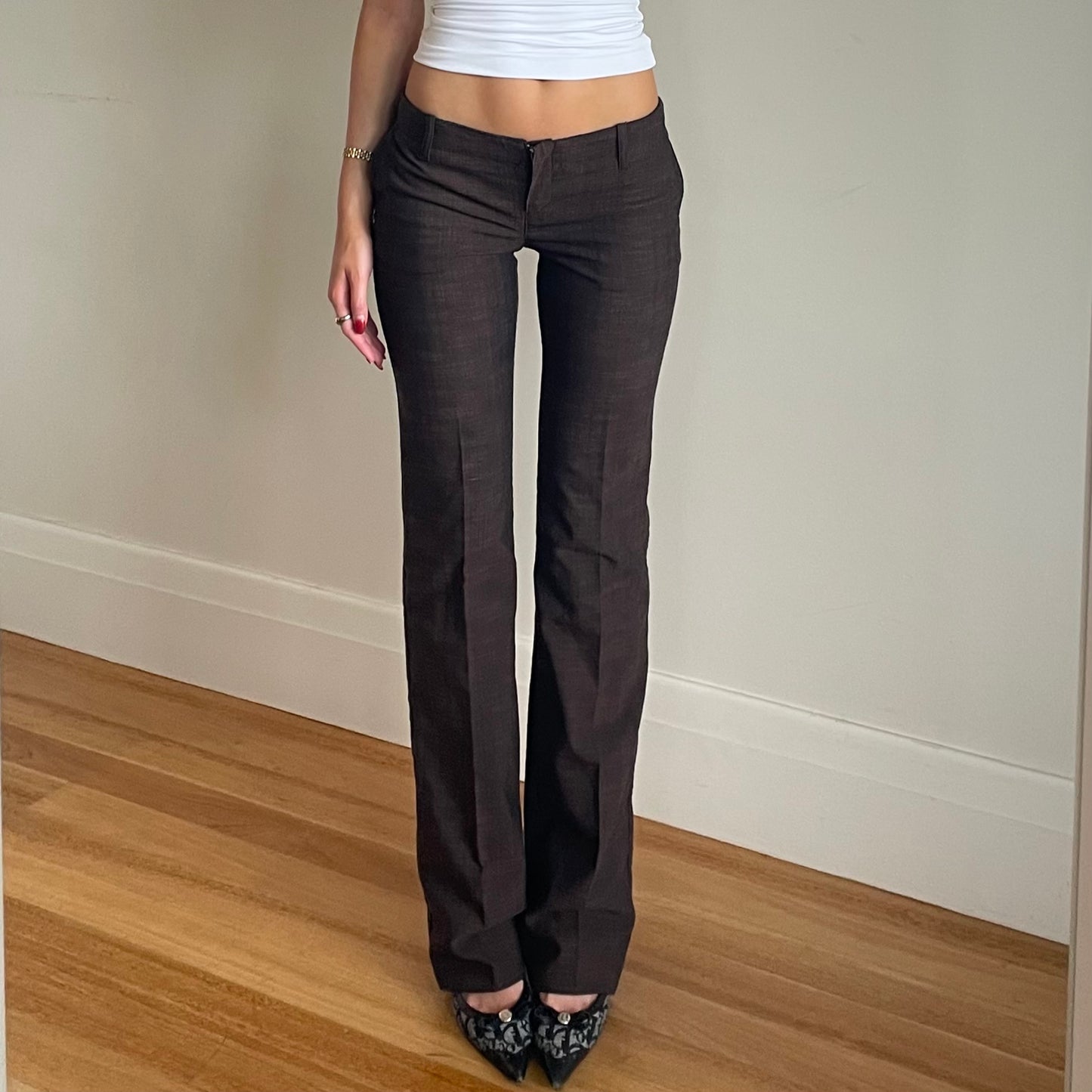 low rise brown trousers