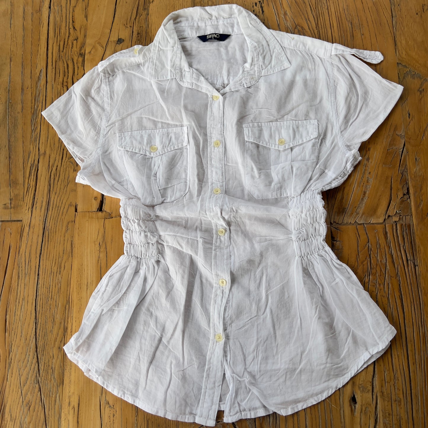 white reworked ruched shirt