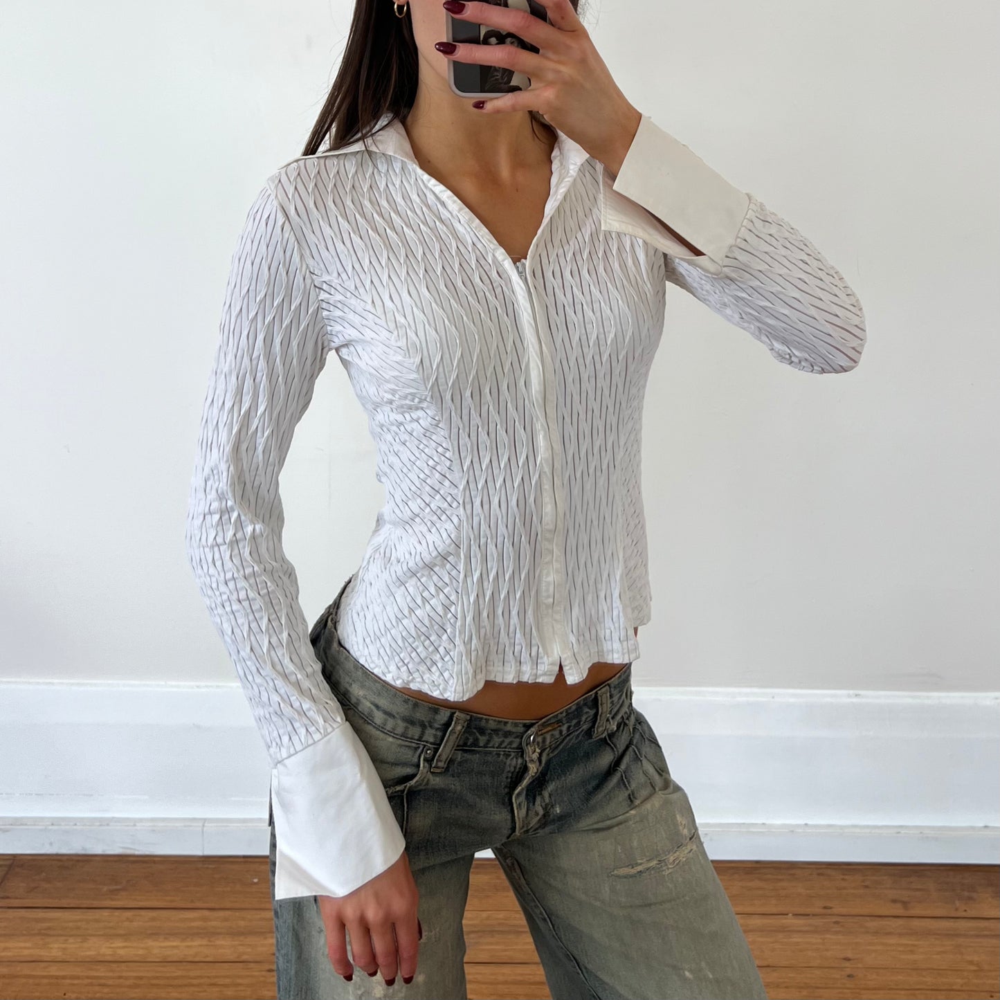 white textured zip shirt