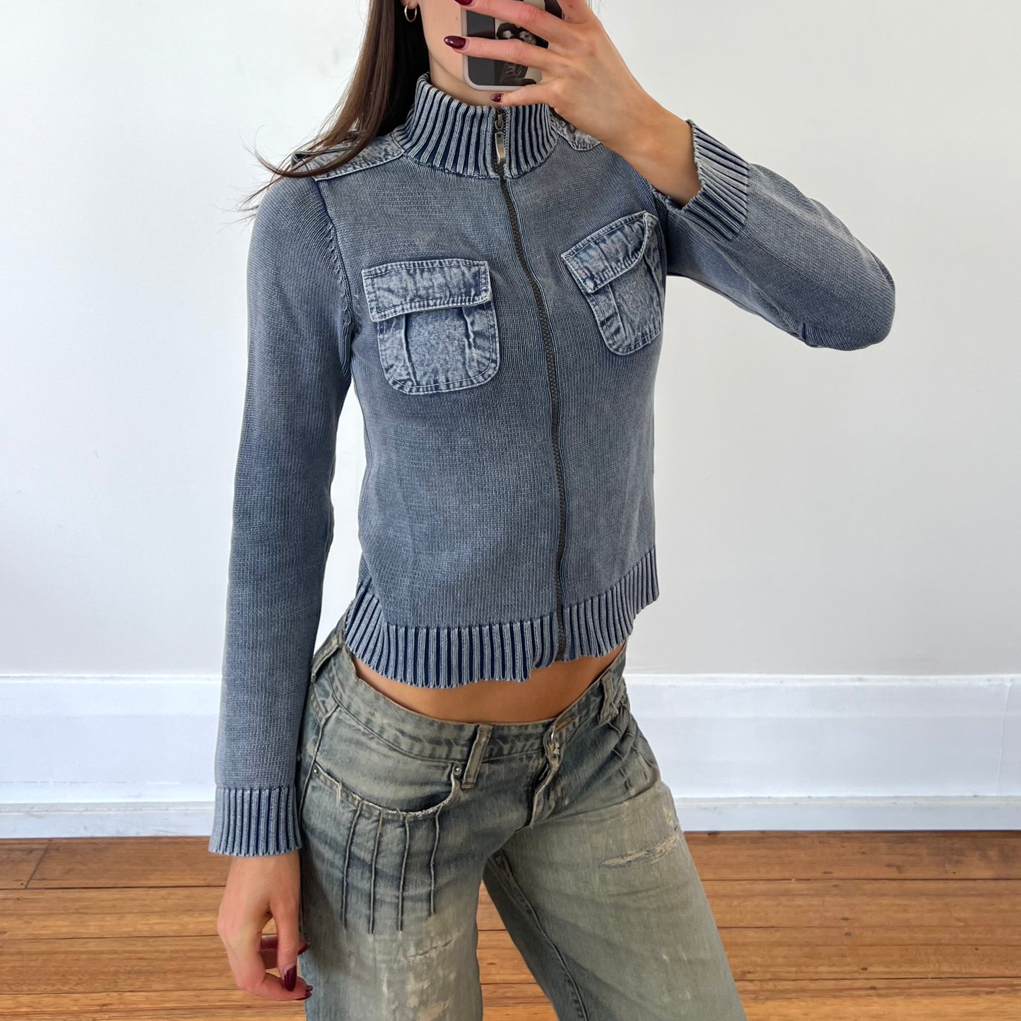 knit/denim zip up jacket