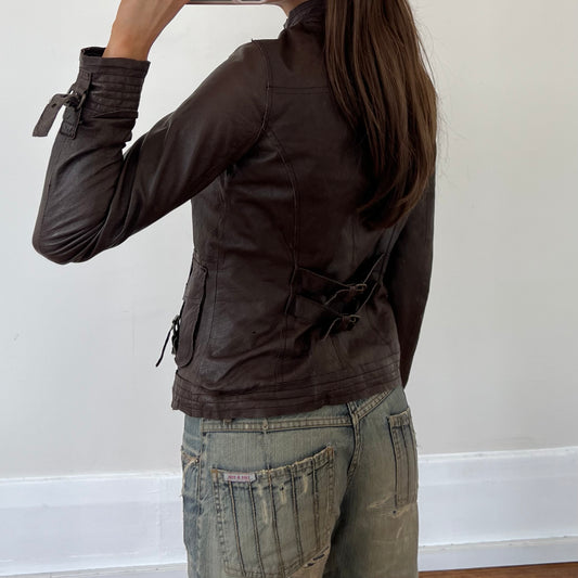 brown leather moto jacket
