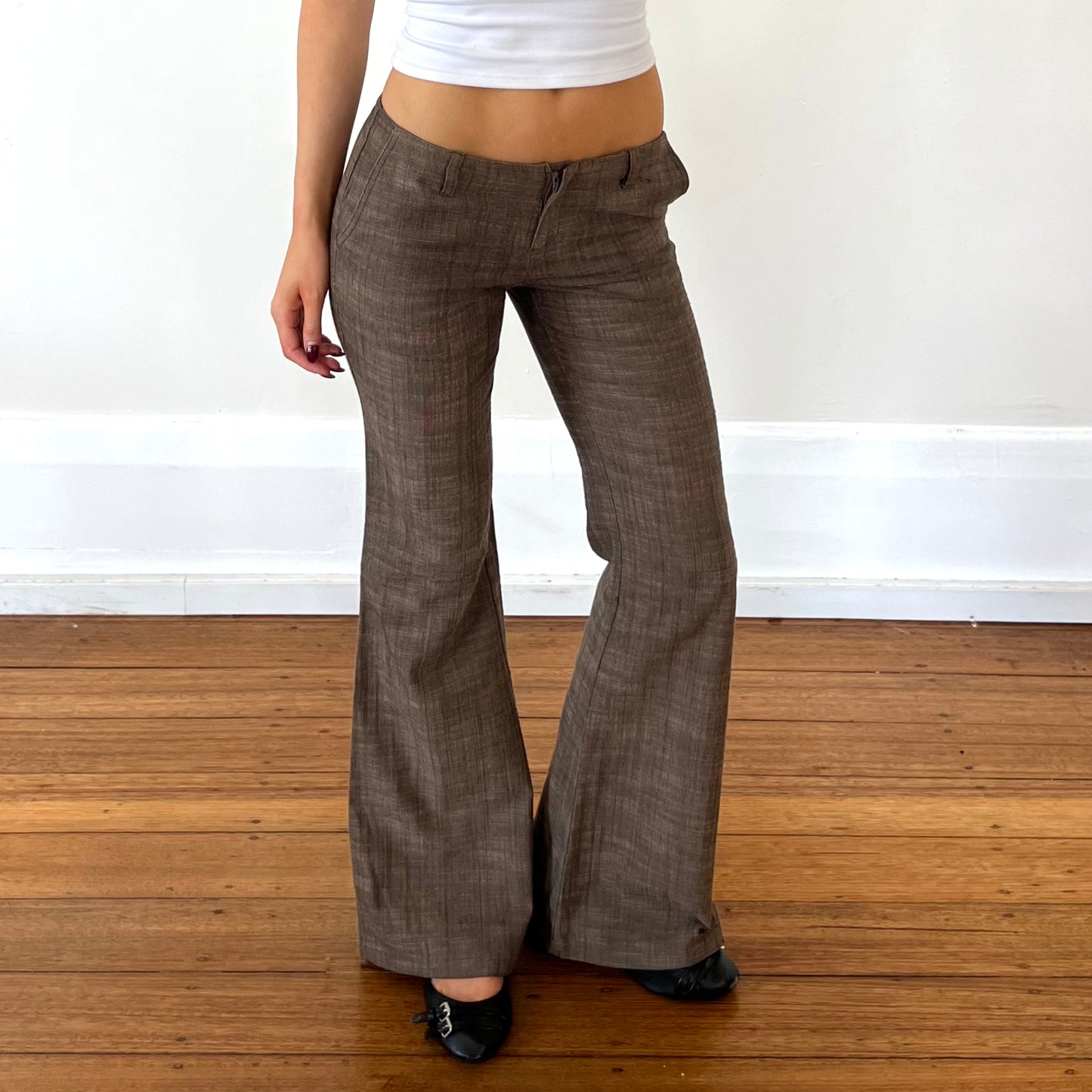 brown low rise flared trousers